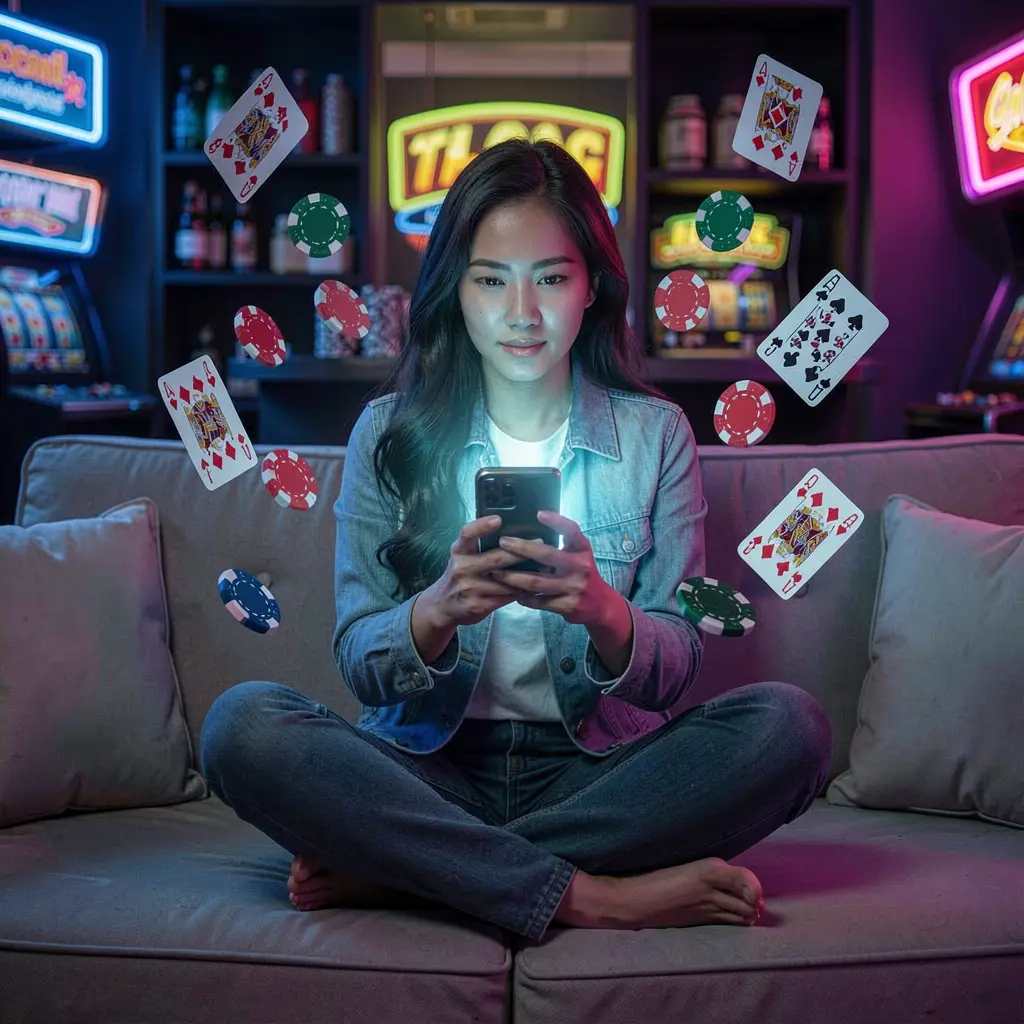 Focused Filipino woman using the BBB65 casino app on her smartphone with glowing cards and chips floating around in a cinematic night scene