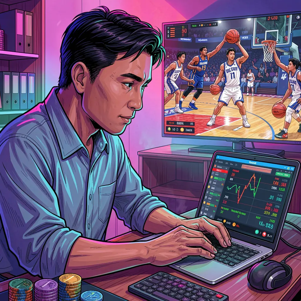 BBB65 Bet – Place smart sports bets online with confidence in the Philippines Focused Filipino sports bettor placing online wagers on a laptop at home while watching a live basketball match using the BBB65 betting platform