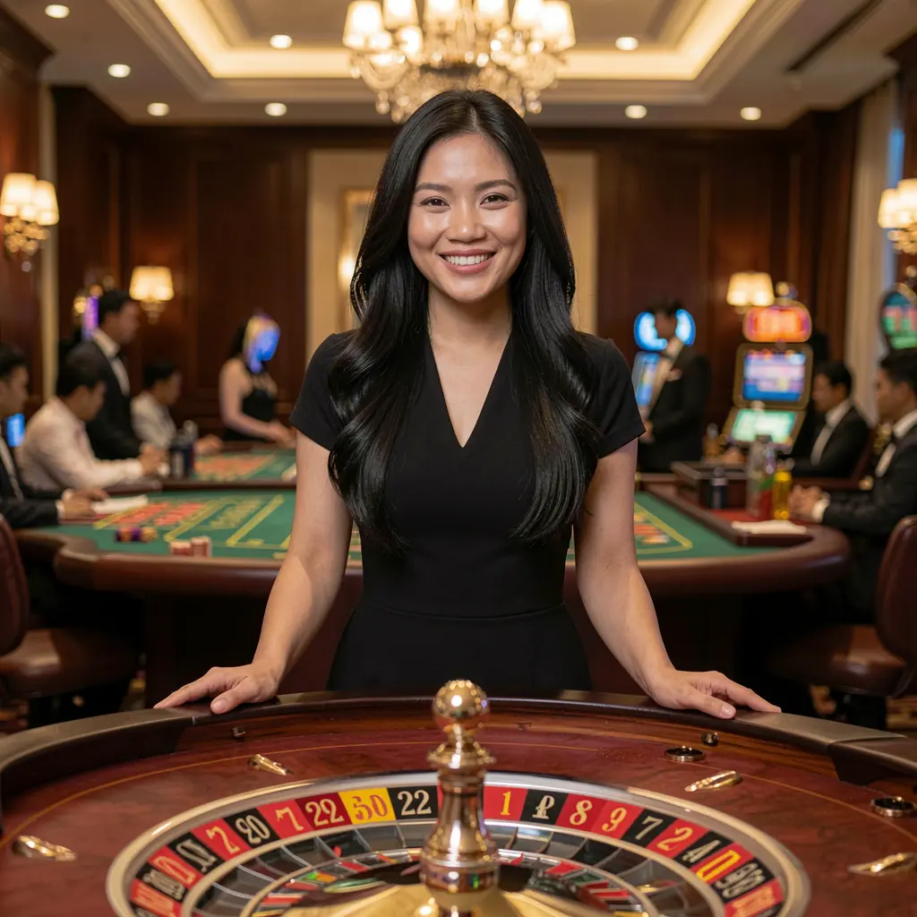 Friendly casino presenter smiling in a modern gaming studio with bright screens behind her highlighting the live casino experience at BBB65 for Philippine players