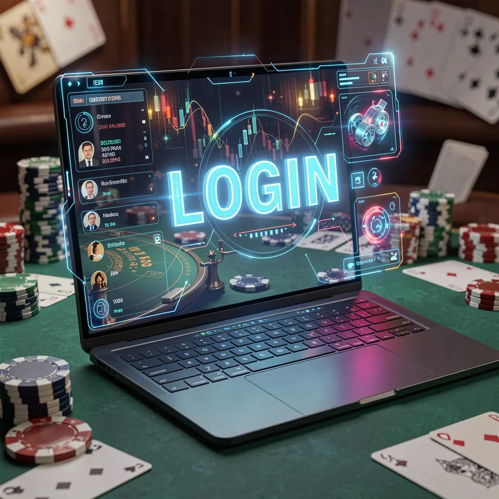 Futuristic laptop with a glowing login interface surrounded by casino chips and cards representing secure access to the BBB65 platform for players in the Philippines