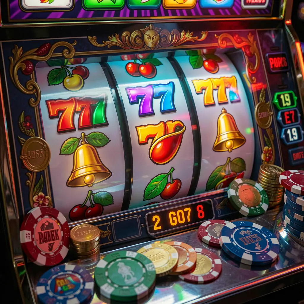 BBB65 – Experience classic casino slot excitement in the Philippines Traditional casino slot machine with glowing reels showing red sevens and cherries surrounded by casino chips at BBB65 online casino Philippines